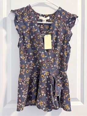 Floral Navy Wrap Peplum Blouse with Tie Waist